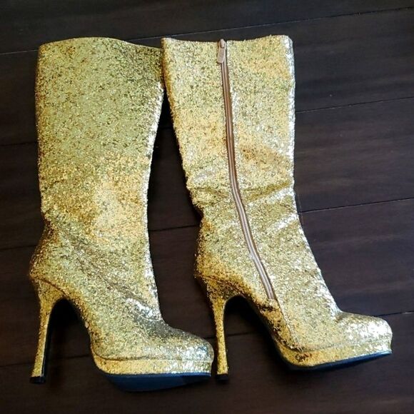 ELLIE 421-ZARA WOMEN 4" Gold Knee High Boot With Glitter - Picture 1 of 3